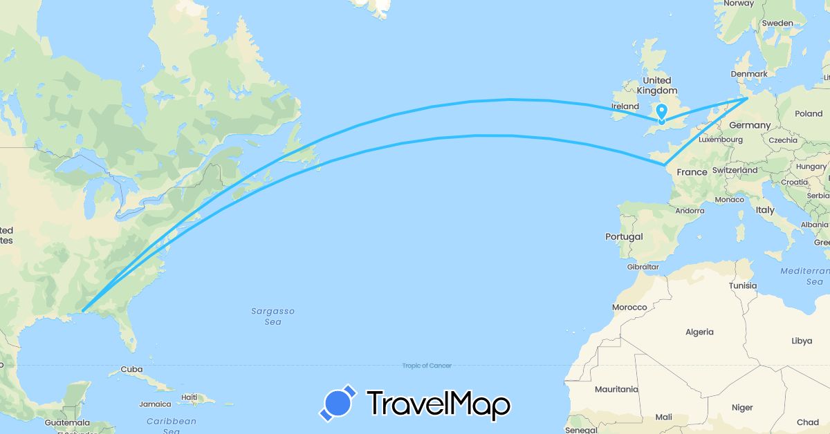 TravelMap itinerary: driving, boat in Germany, France, United Kingdom, United States (Europe, North America)